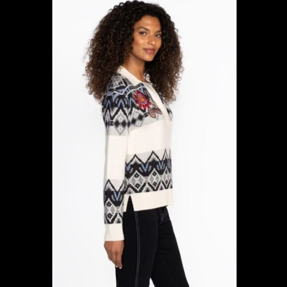 NWT Johnny Was The Fairisle Polo Sweater Wool/Cashmere Ecru Large - Picture 5 of 13